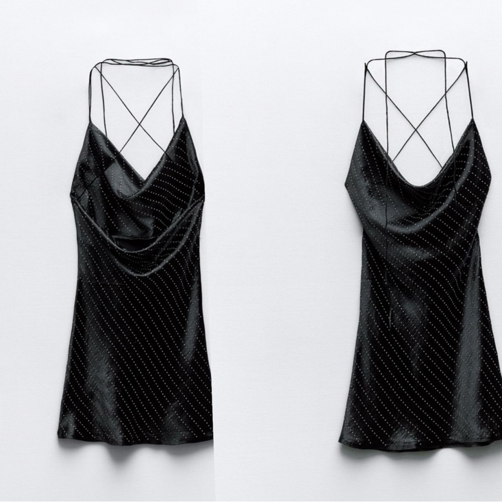 Zara Black satin effect crystal rhinestone jewelled cowl neck mini slip dress